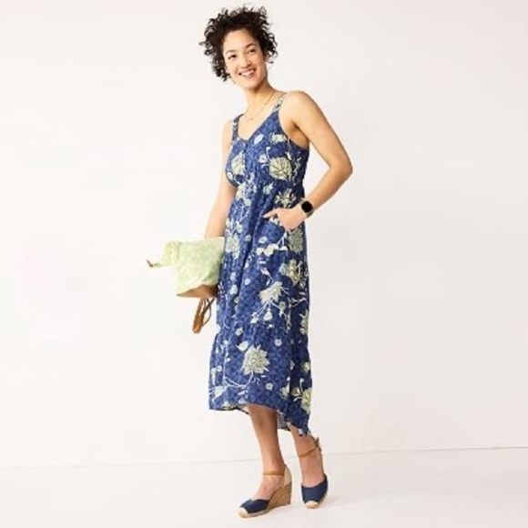Sonoma Dresses & Skirts - Sonoma Linen Blend Floral Midi Maxi Sundress Blue Sleeveless Small